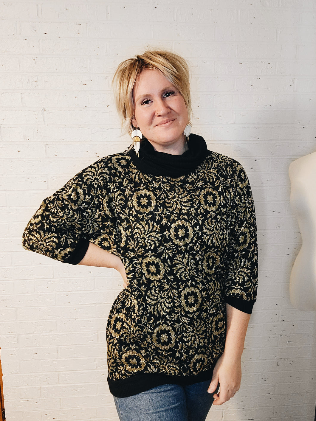 Up to XXL - gold on black cowl neck sweater