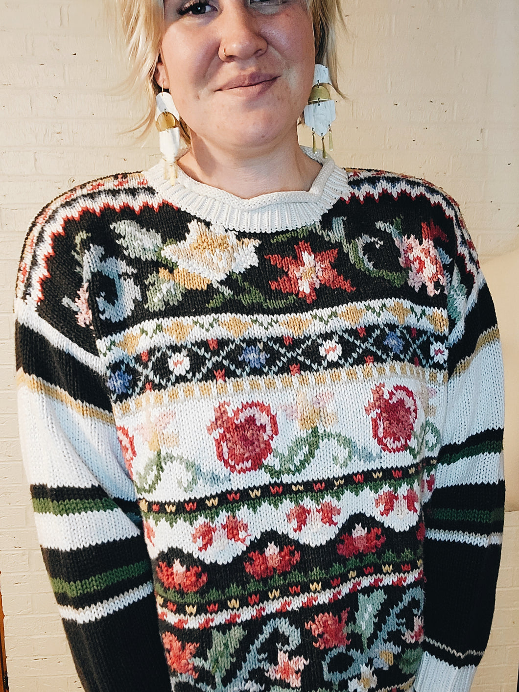 up to XL - floral cross-stitch style sweater