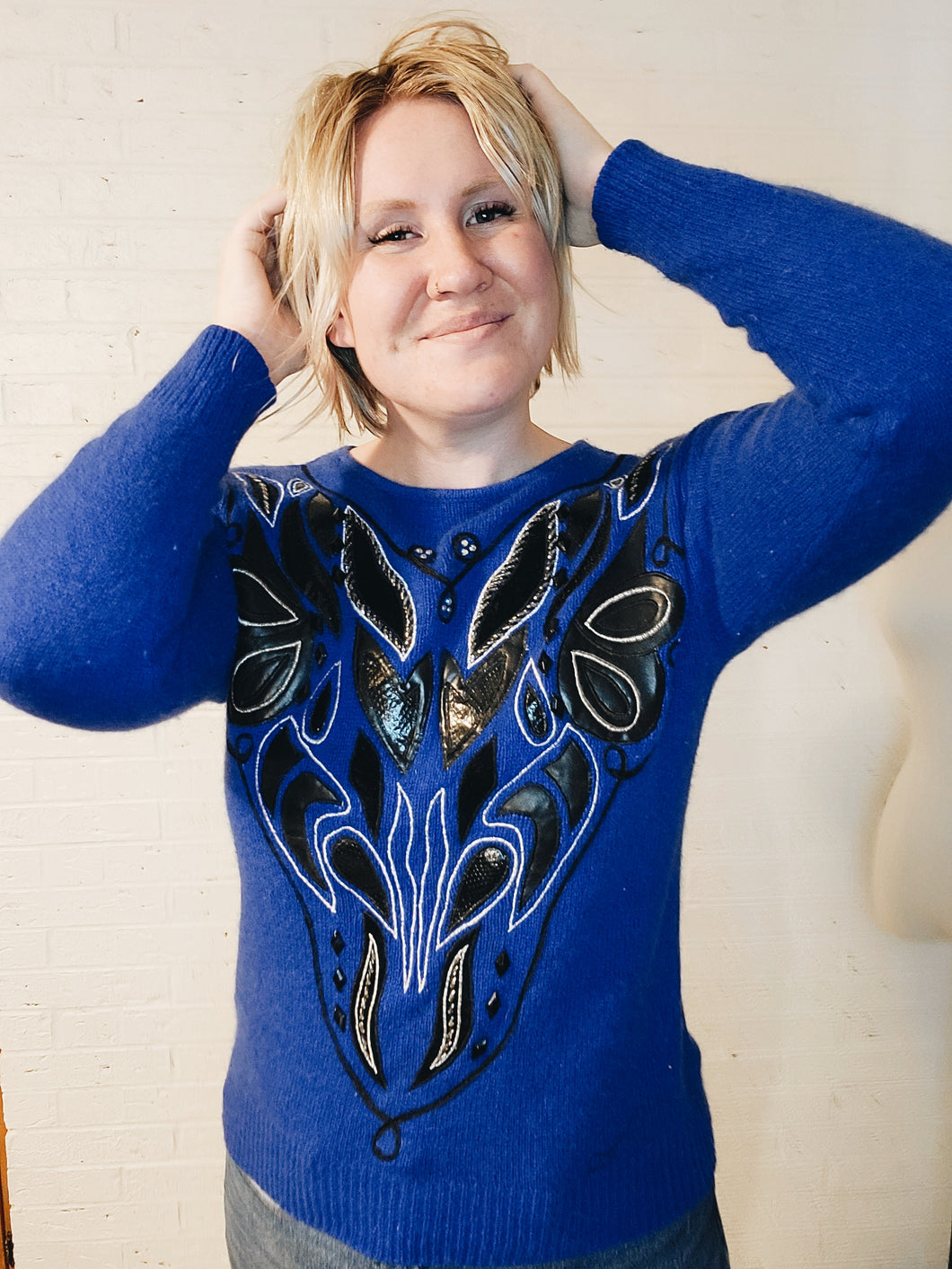 up to M - cobalt blue sweater