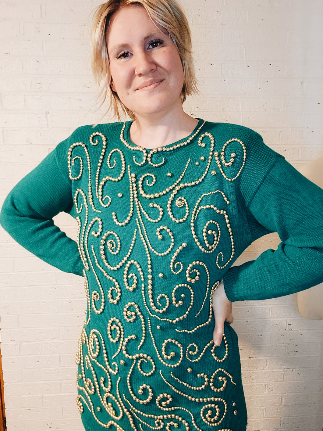 up to L- kelly green beaded tunic sweater