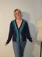 Load image into Gallery viewer, Up to XXL - navy and teal cardigan
