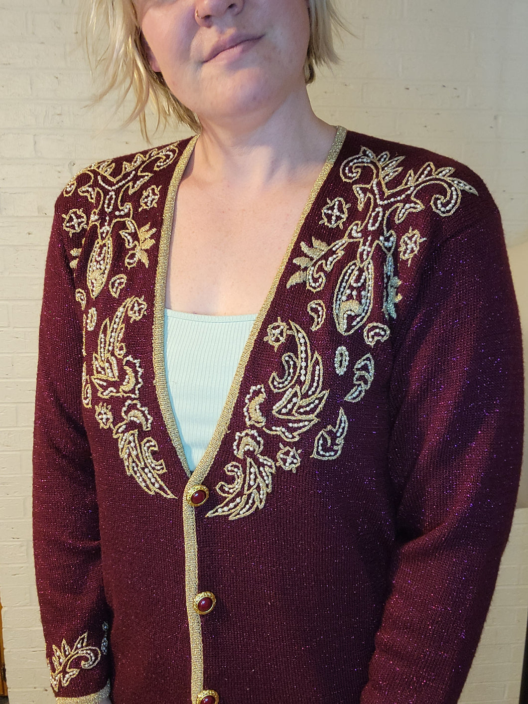 up to M - plum and gold cardigan
