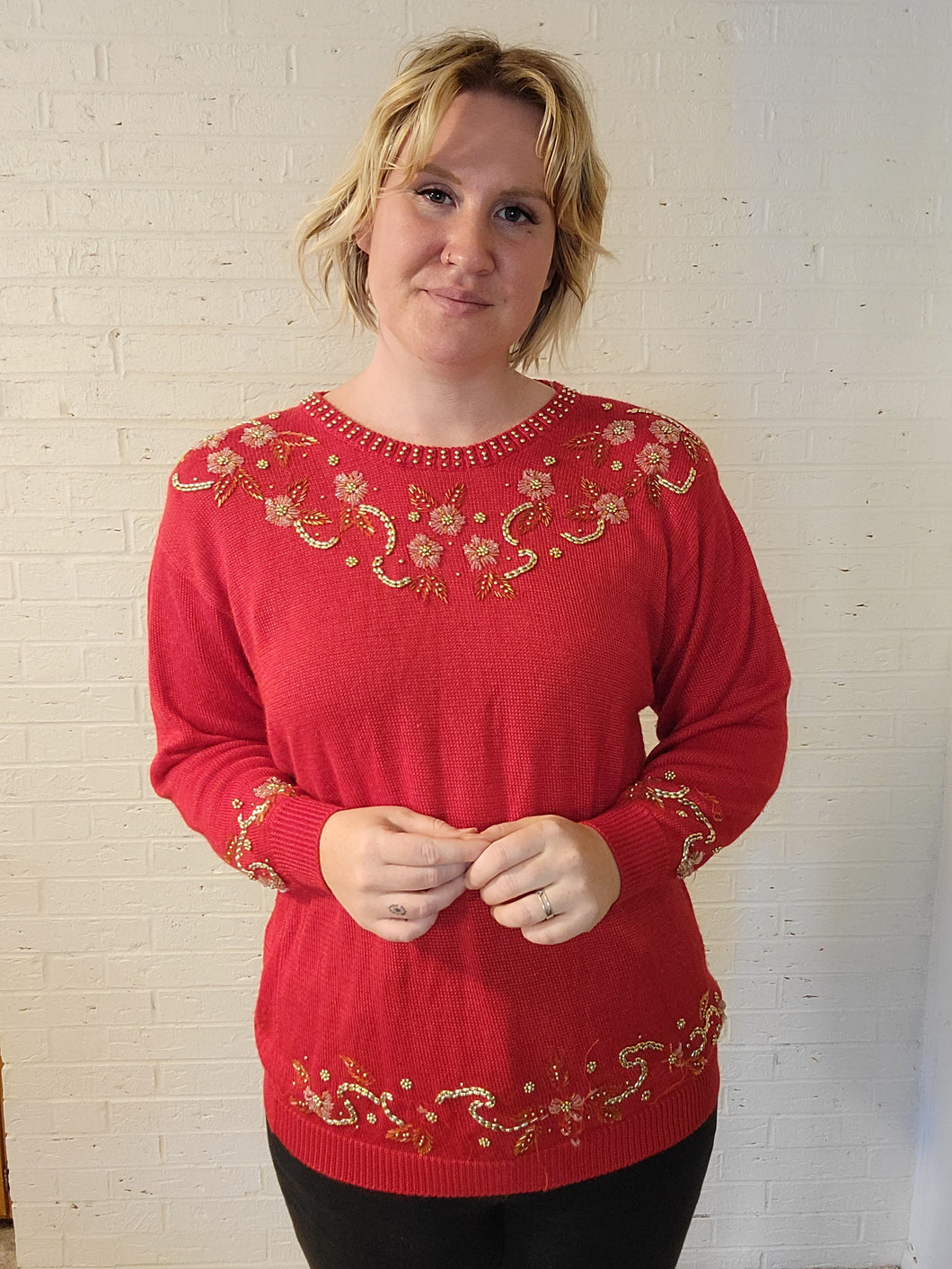 up to 2X - Red and Gold Beaded Sweater