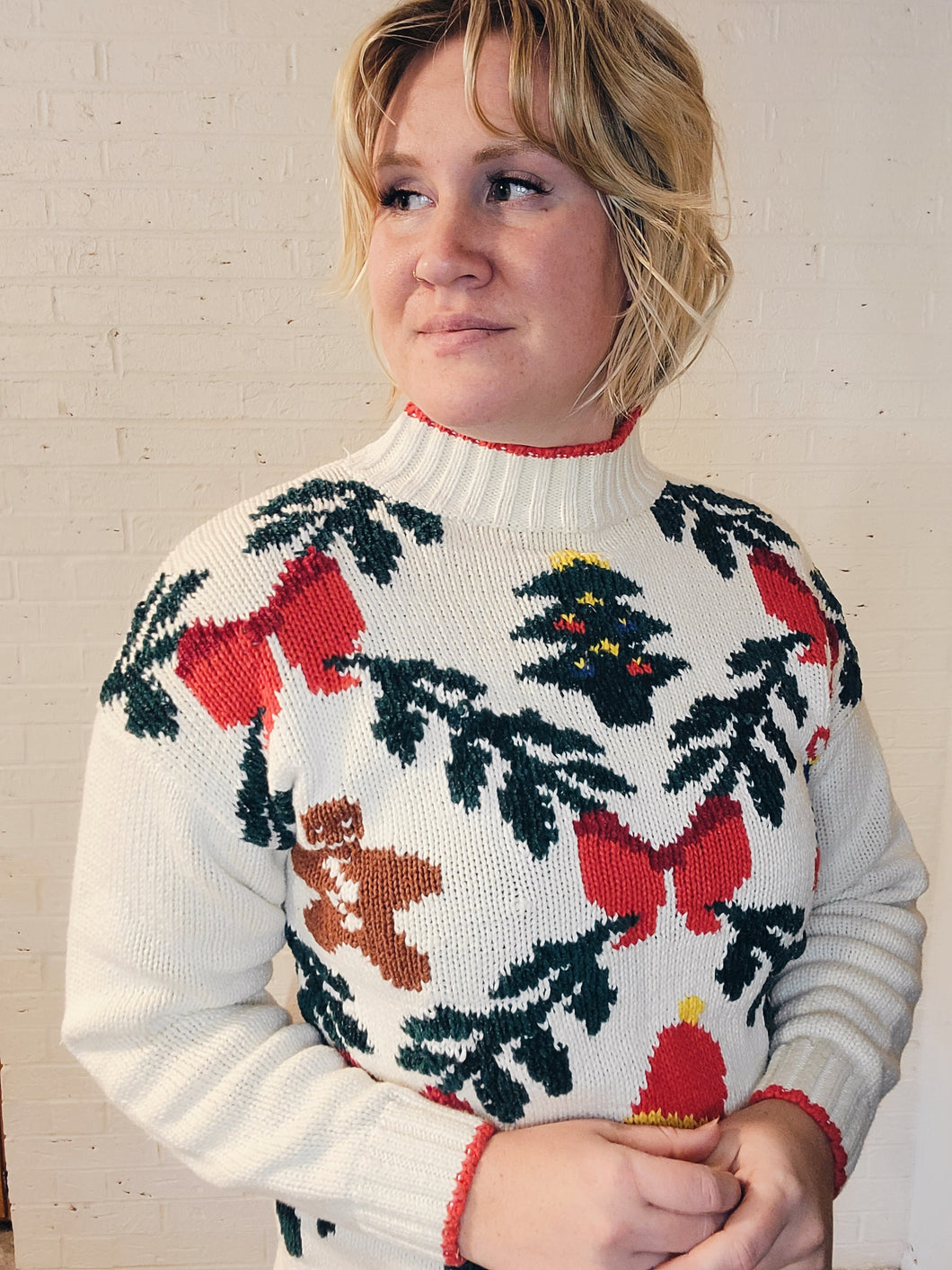 up to L- Mock Neck Christmas Sweater