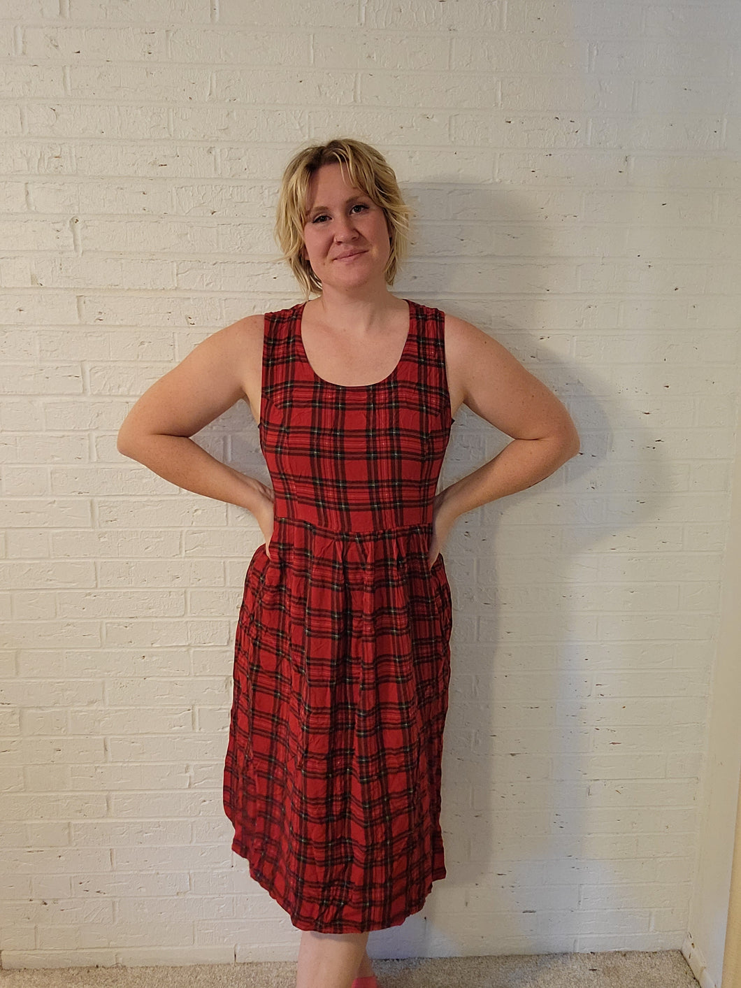 L - Red and Black Plaid Midi Dress